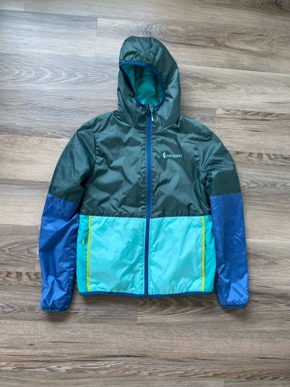 cotopaxi Turquoise Hooded Windbreaker with Lime Accents